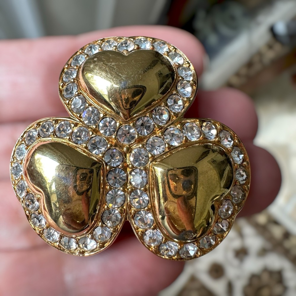 Vintage Swarovski Clover Brooch Pin 1.75 Inch Heart Design Clear Crystal Gold